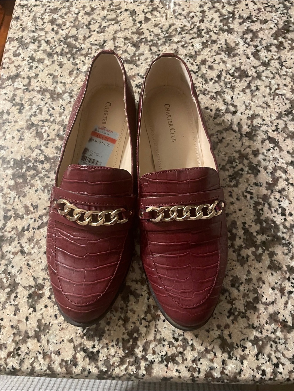 Charter Club Croc-Embossed Burgundy Loafers with Gold Chain
